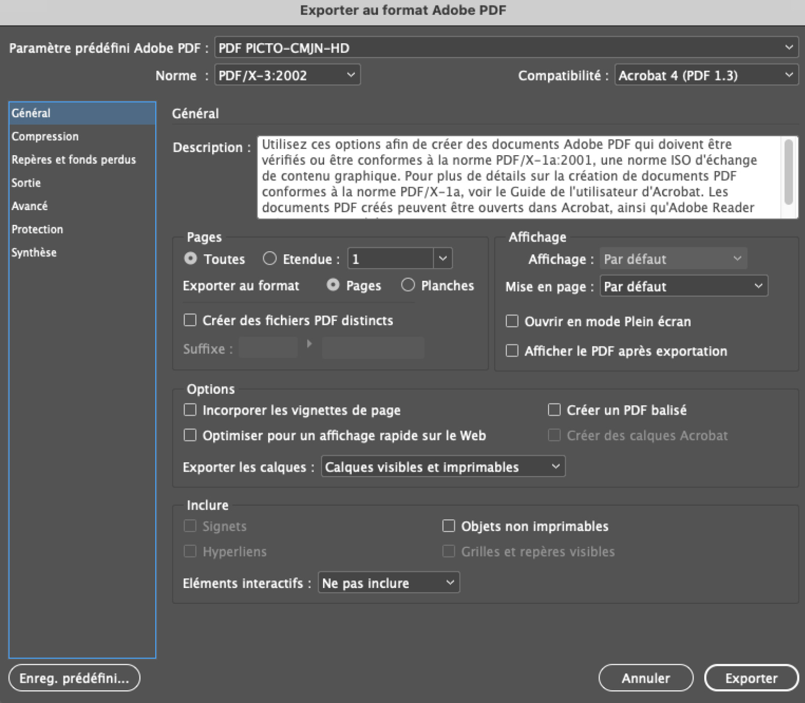 Paramètres Export PDF CMJN