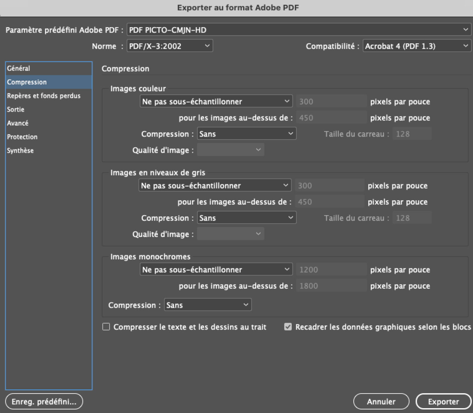 Paramètres Export PDF CMJN