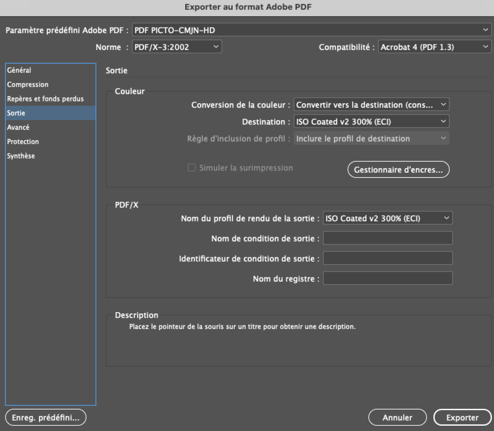 Paramètres Export PDF CMJN