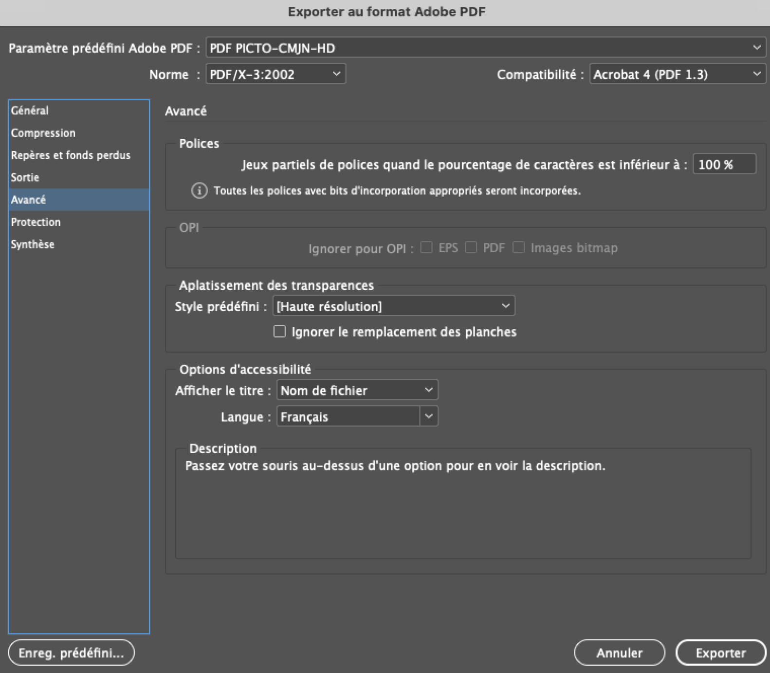 Paramètres Export PDF CMJN